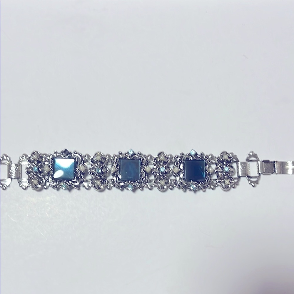 Vintage Silver color Bracelet with 3 sapphire Blue color stones, pearl Accents